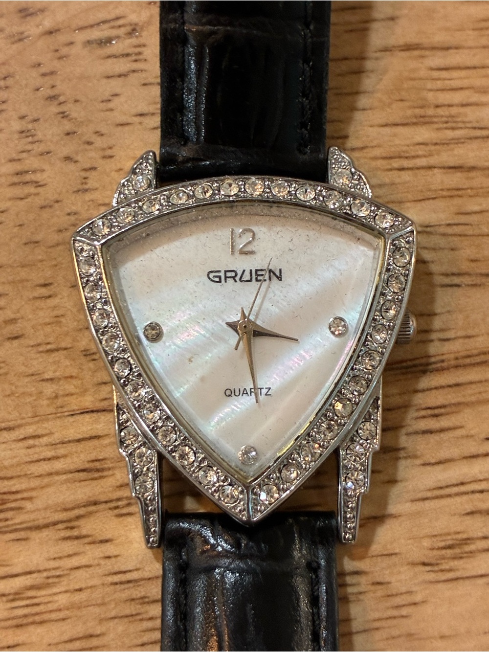 Vintage Gruen Diamond Triangular Watch Black Band